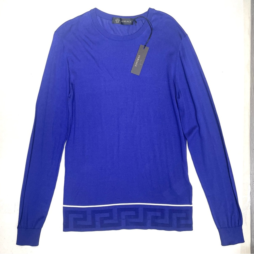 NWT Versace Greca Border Silk Crewneck Sweater size M (IT48) Royal Blue